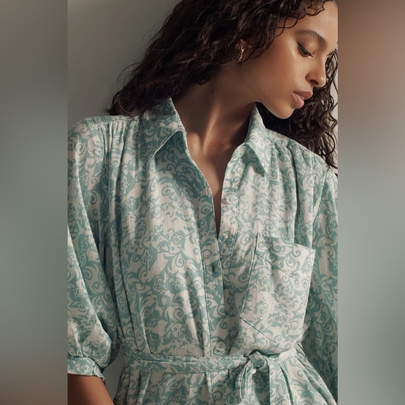 Anthropologie Maeve Button Front Belted Wrap Maxi Dress in Sky Size XL Linen - Picture 2 of 10